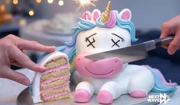 Next Wave Partners 2025 Annual Letter - unicorn cake being cut with a knife