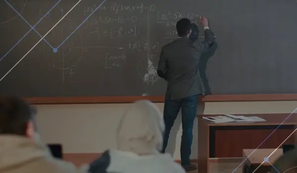 Researcher writing equations on a chalkboard - The Hitchhiker's Guide to the Long Arc of AI Innovation