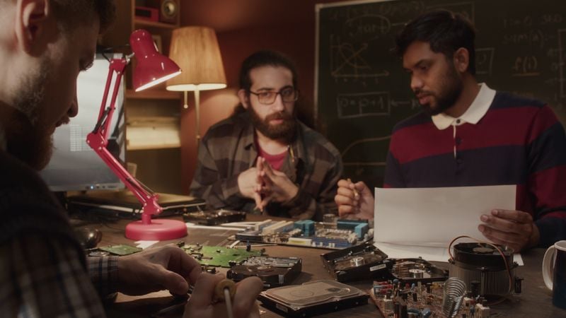 Engineering team discussing hardware components at a workbench